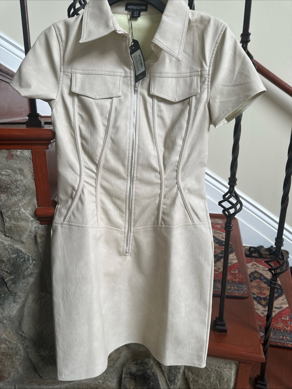 PrettyLittleThing Cream Zip-Front Faux Leather Jacket size 8